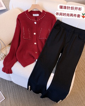 Fat temperament flare pants slim sweater a set for women