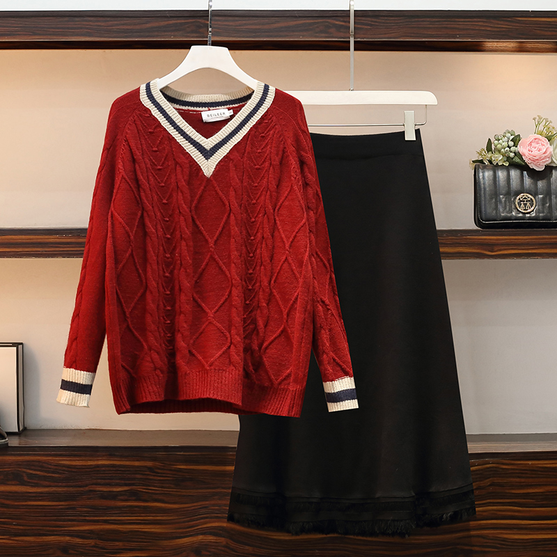 Temperament skirt mixed colors sweater a set for women