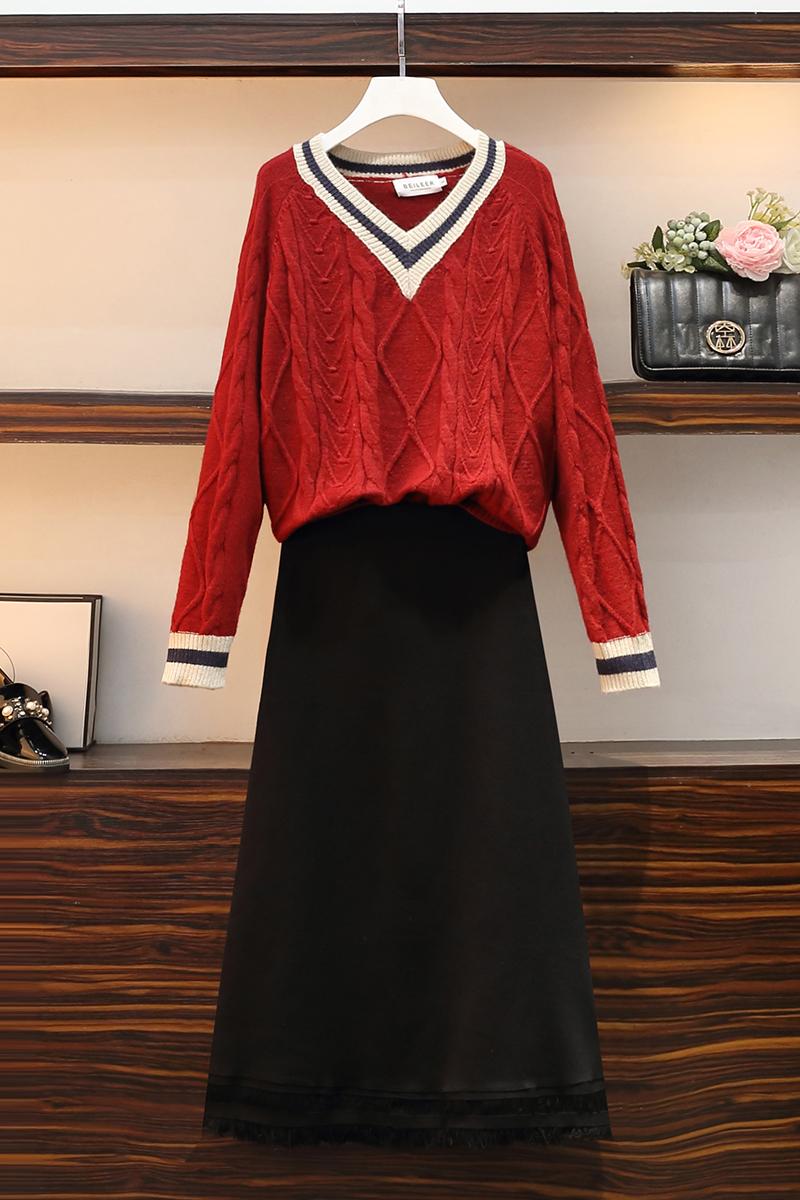 Temperament skirt mixed colors sweater a set for women