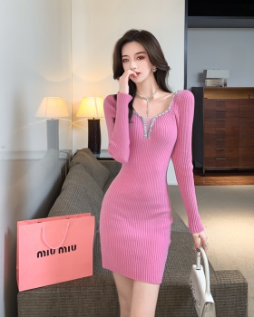 Knitted long sleeve splice France style dress