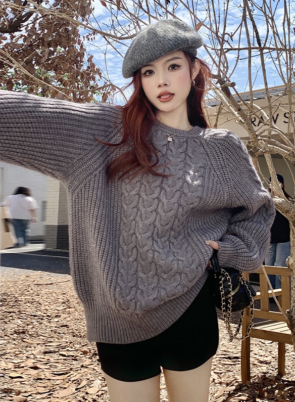 Twist thick pure round neck pullover knitted sweater