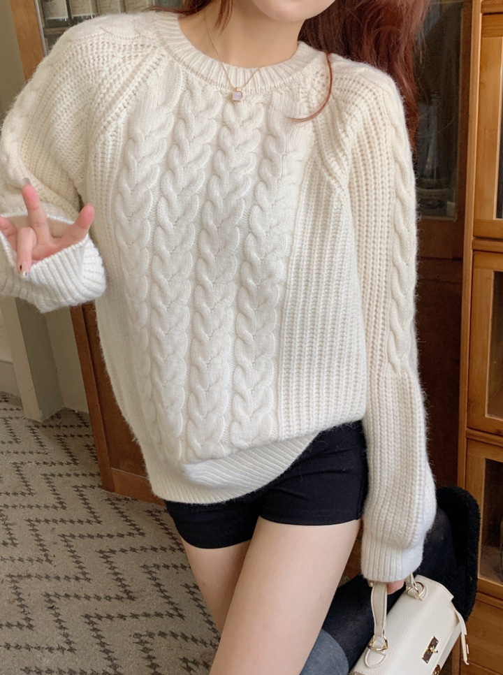 Twist thick pure round neck pullover knitted sweater