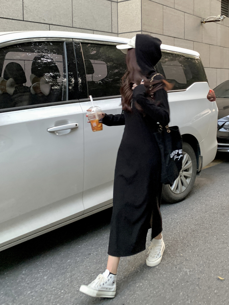 Korean style black dress all-match knitted long dress