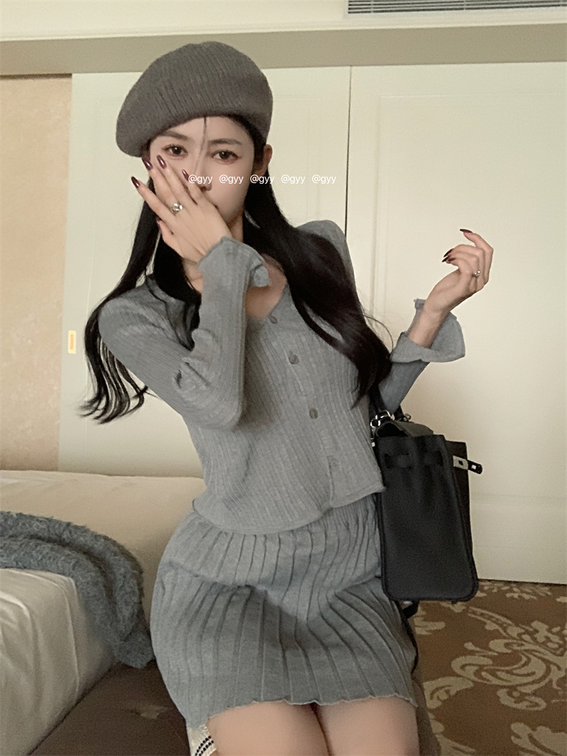High waist slim cardigan knitted skirt a set for women