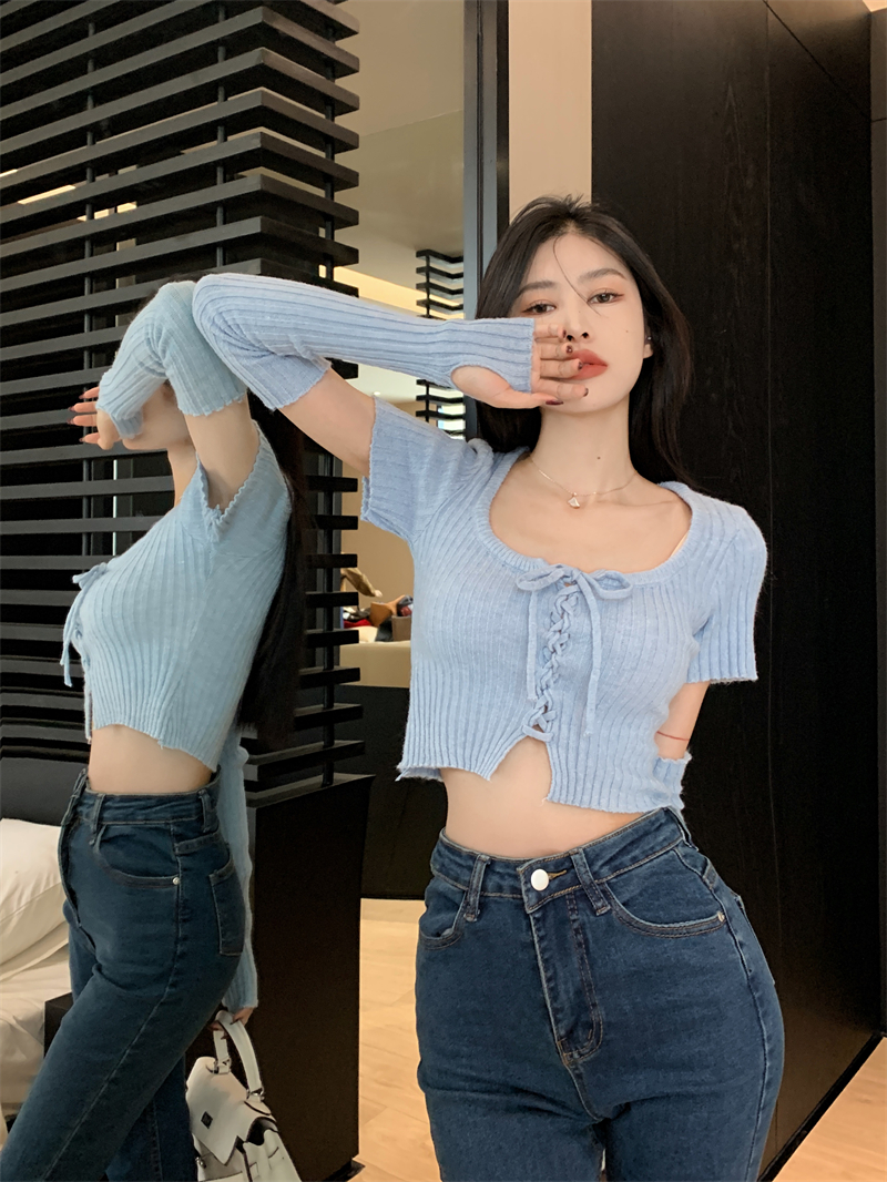 Autumn and winter slim sleeve halter short tops for women