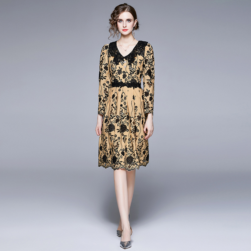 Long sleeve embroidered flowers ladies France style dress