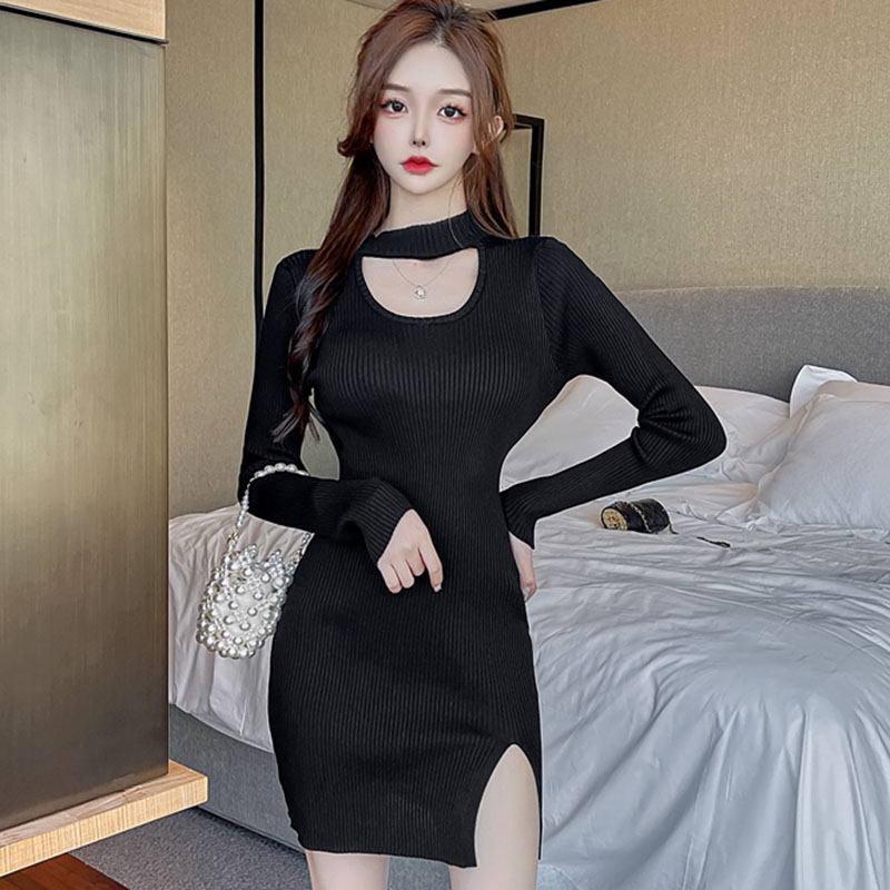 Autumn and winter sweater black dress for women