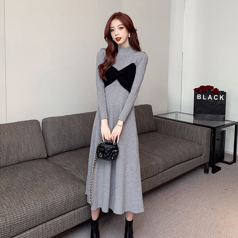 Puff sleeve bow temperament dress slim knitted sweater