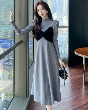 Puff sleeve bow temperament dress slim knitted sweater