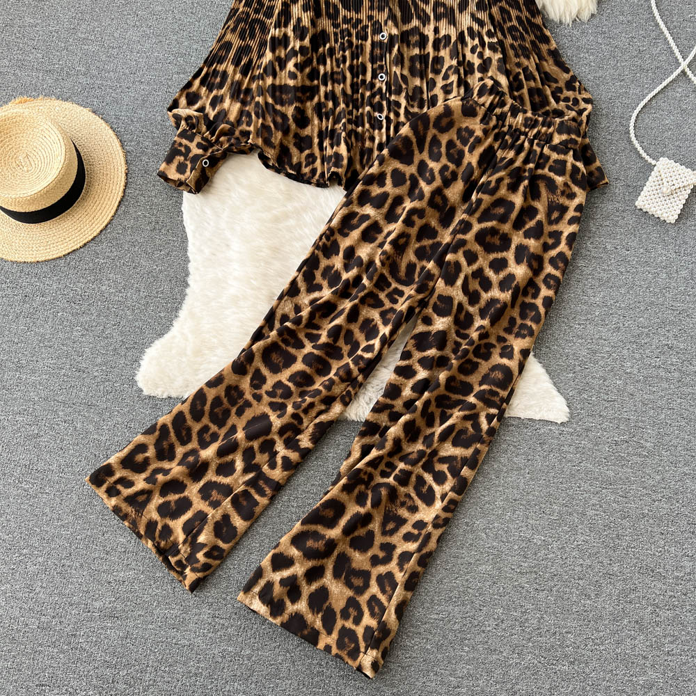 Leopard drape shirt lapel long pants 2pcs set