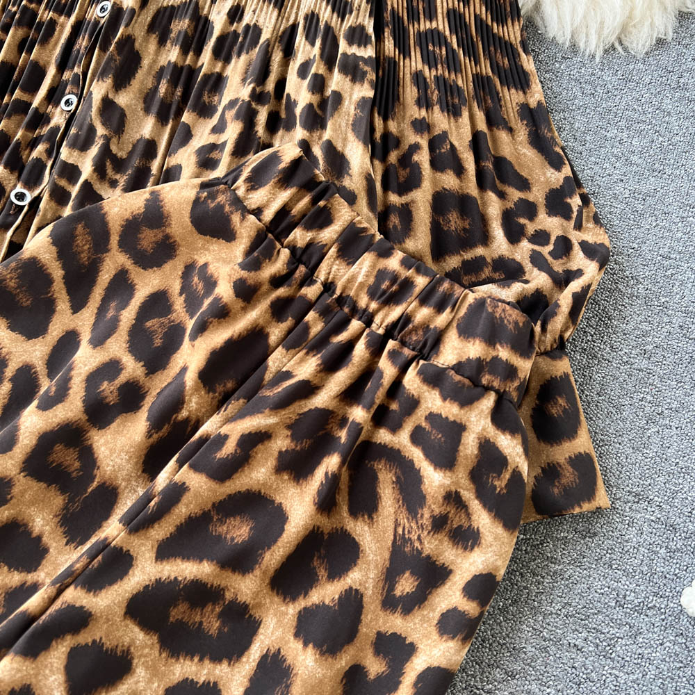 Leopard drape shirt lapel long pants 2pcs set
