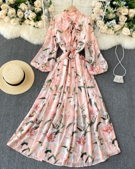 Pleated printing dress pinched waist long dress for women