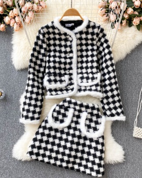 Chessboard package hip short skirt plaid cotton coat 2pcs set