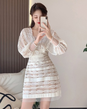 Embroidery lace long sleeve V-neck dress