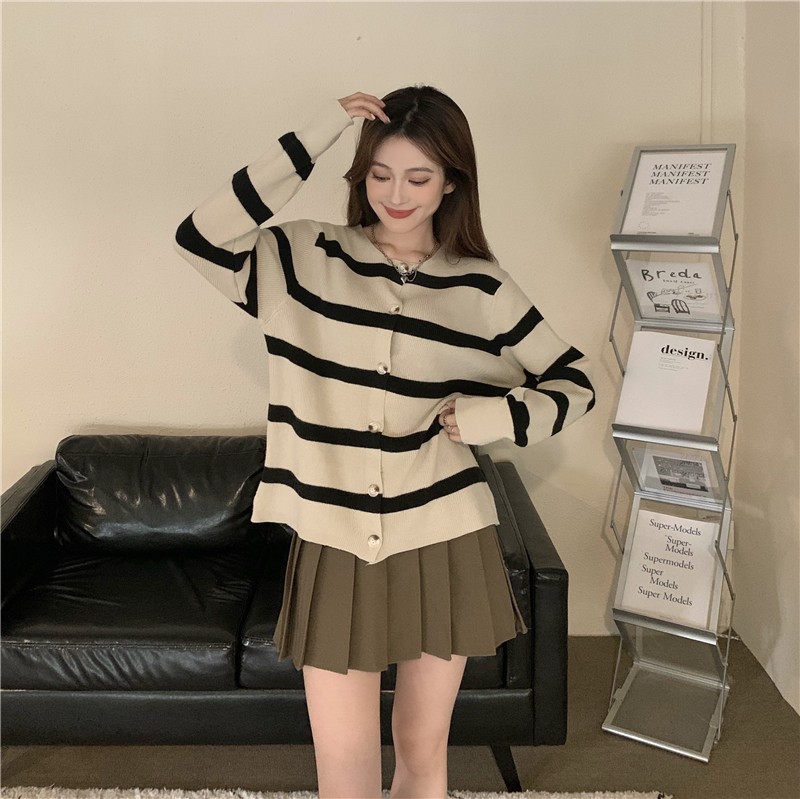 Round neck stripe cardigan autumn and winter coat for women