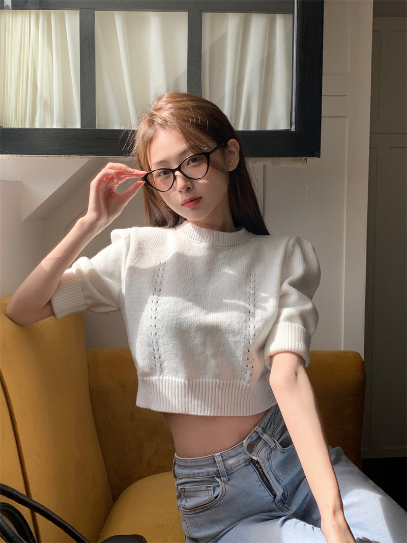 Retro knitted tops autumn puff sleeve sweater