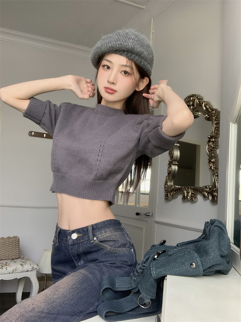 Retro knitted tops autumn puff sleeve sweater