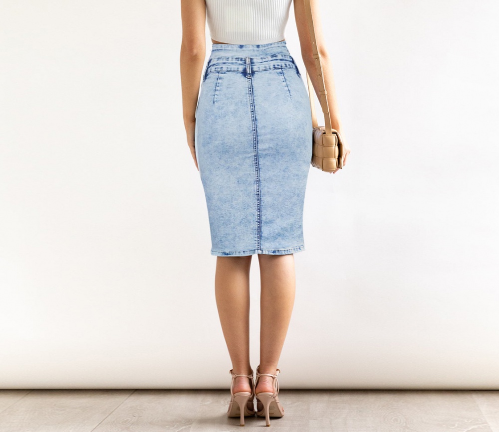 High waist denim split slim European style skirt