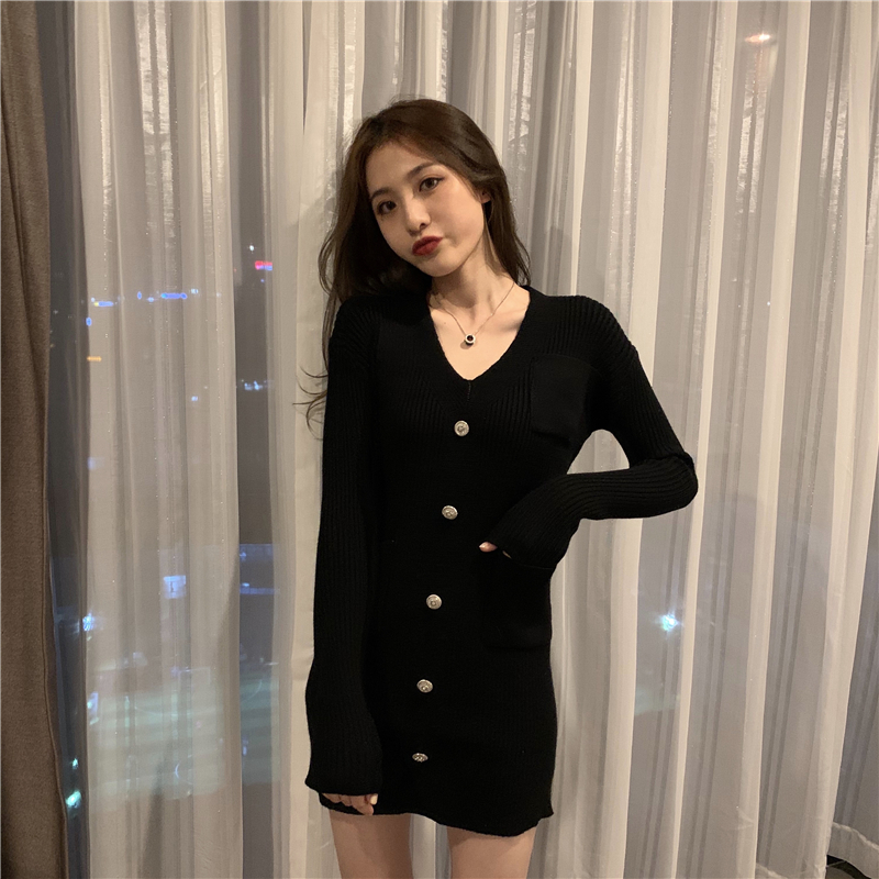 V-neck pinched waist black knitted retro dress