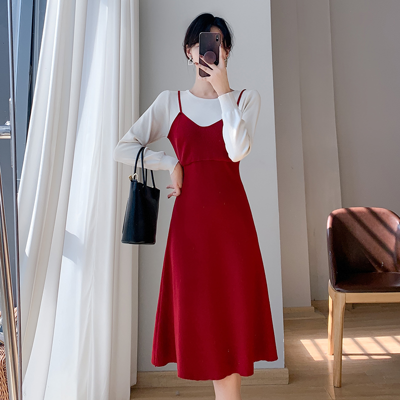 Knitted sexy Pseudo-two V-neck sling dress for women