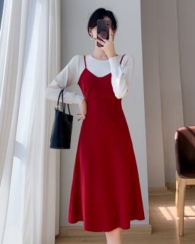 Knitted sexy Pseudo-two V-neck sling dress for women