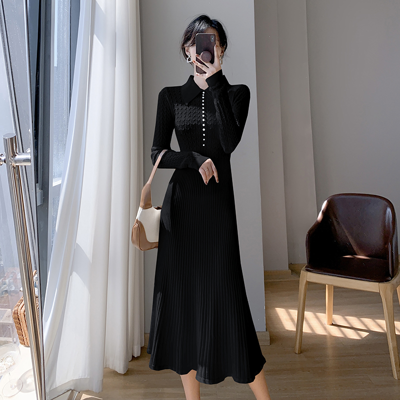 Western style breasted sweater autumn dress