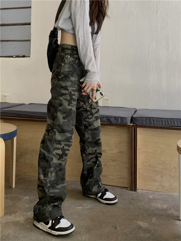 High waist camouflage work pants retro jeans for women