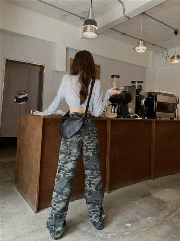 High waist camouflage work pants retro jeans for women