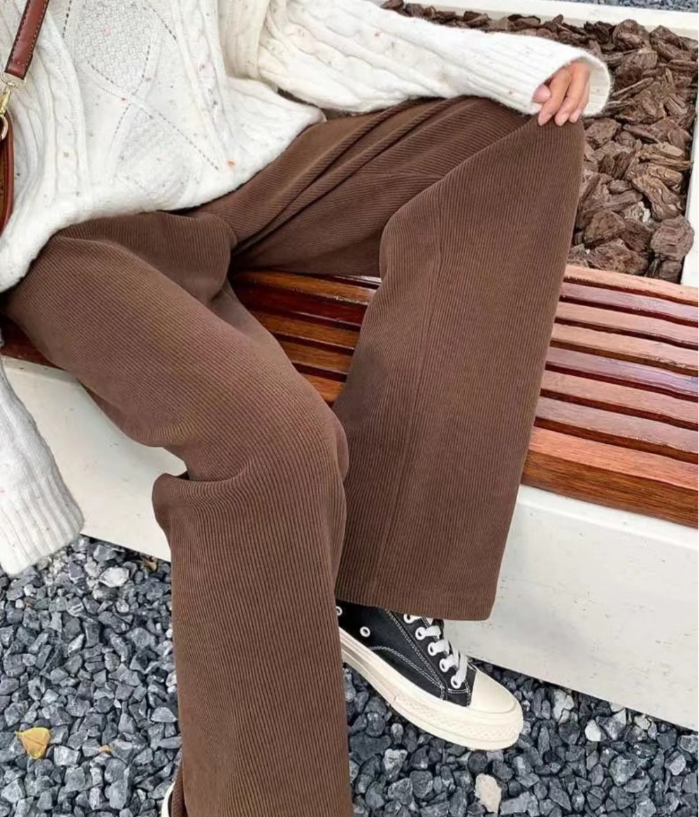 Brown plus velvet wide leg pants thick long pants for women