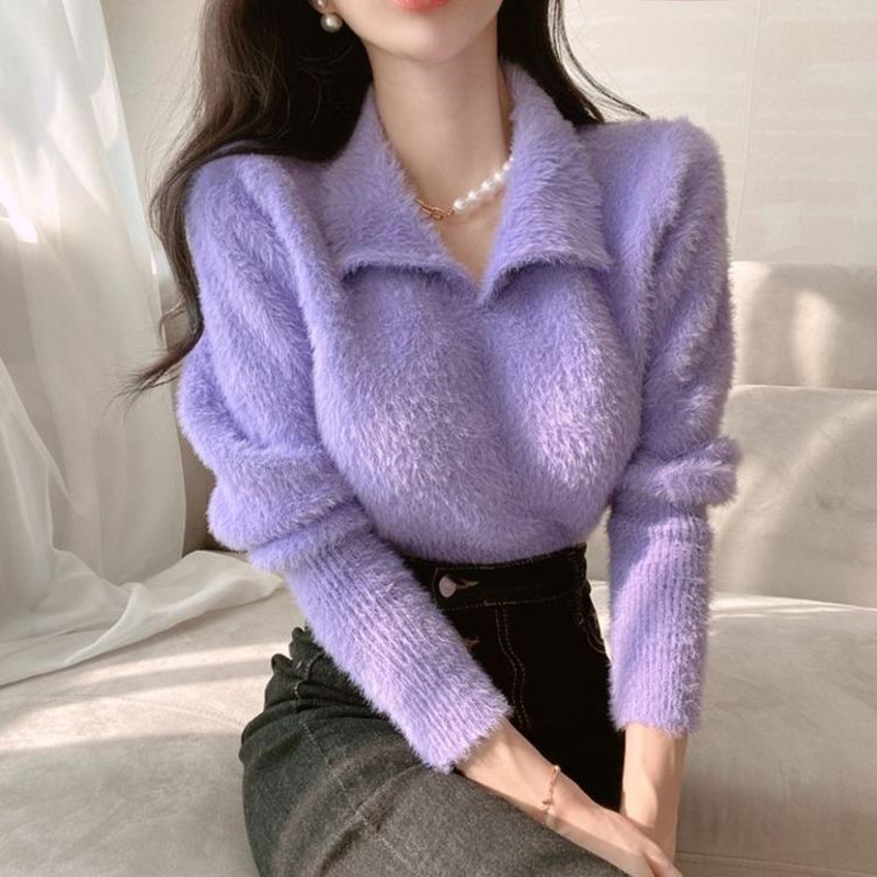 Mohair lapel Korean style sweater for women