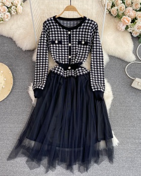 Knitted splice pinched waist Pseudo-two dress