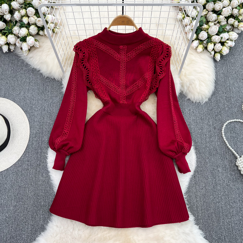 Bottoming pleated dress autumn and winter lace sweater dress