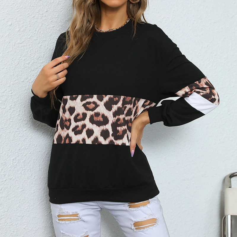 Long European style splice leopard hoodie for women