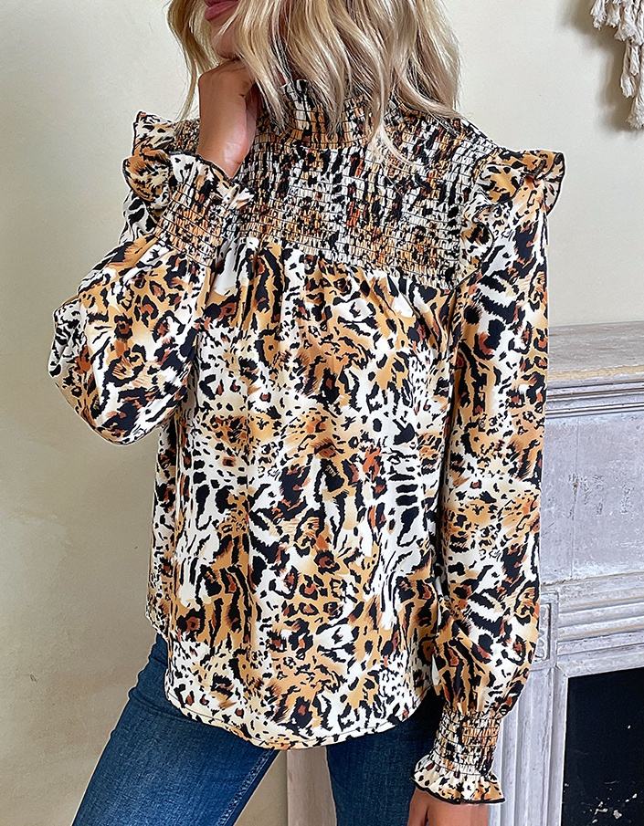 European style half high collar leopard shirt for women