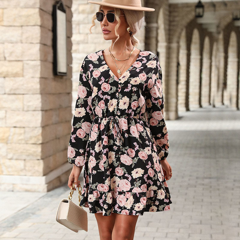 European style autumn printing long sleeve dress for women