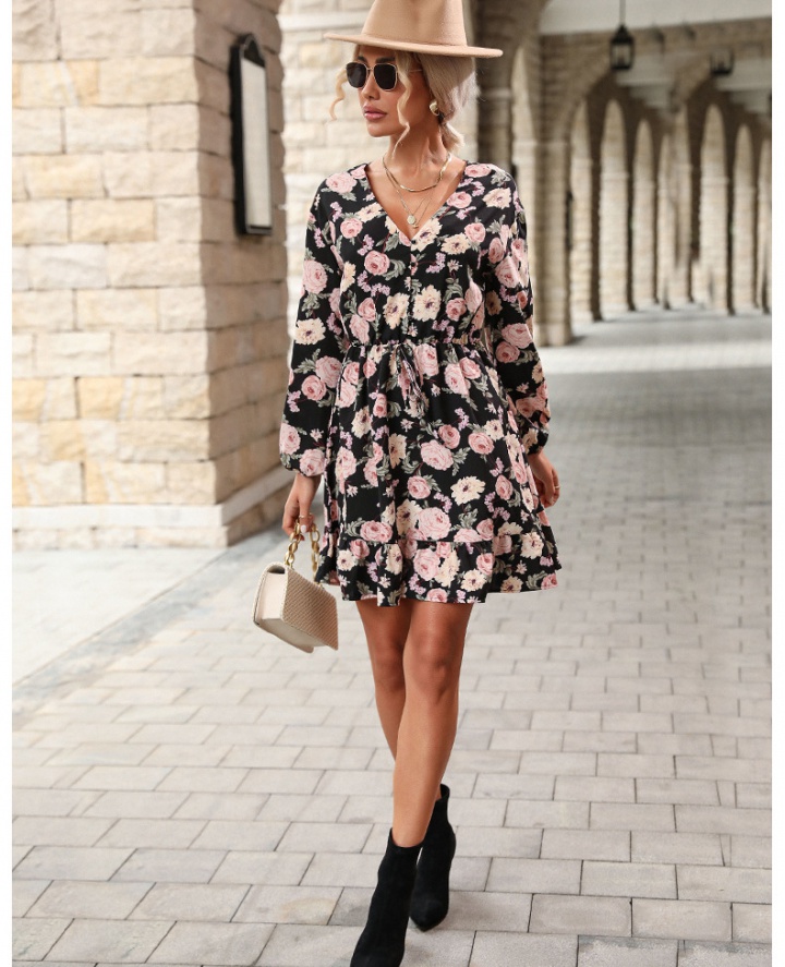European style autumn printing long sleeve dress for women