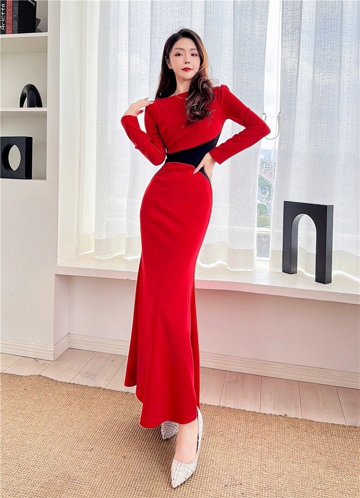 Tight autumn and winter long dress Western style dress