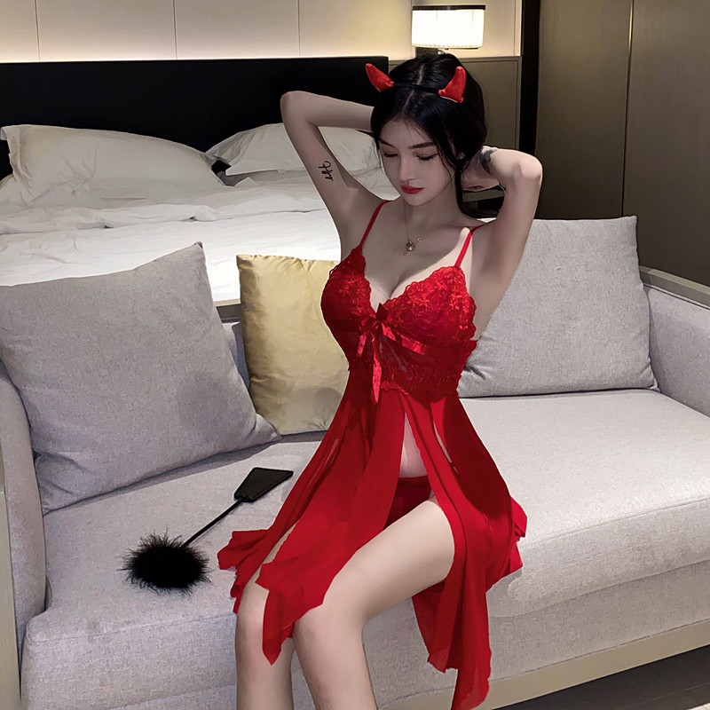 Sling hollow fashion pajamas V-neck big red sexy dress