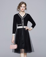 V-neck letters splice gauze long embroidered knitted dress