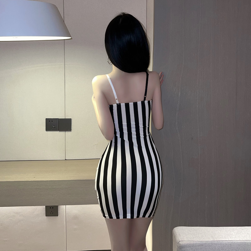 Slim stripe bandage low-cut package hip sling dress