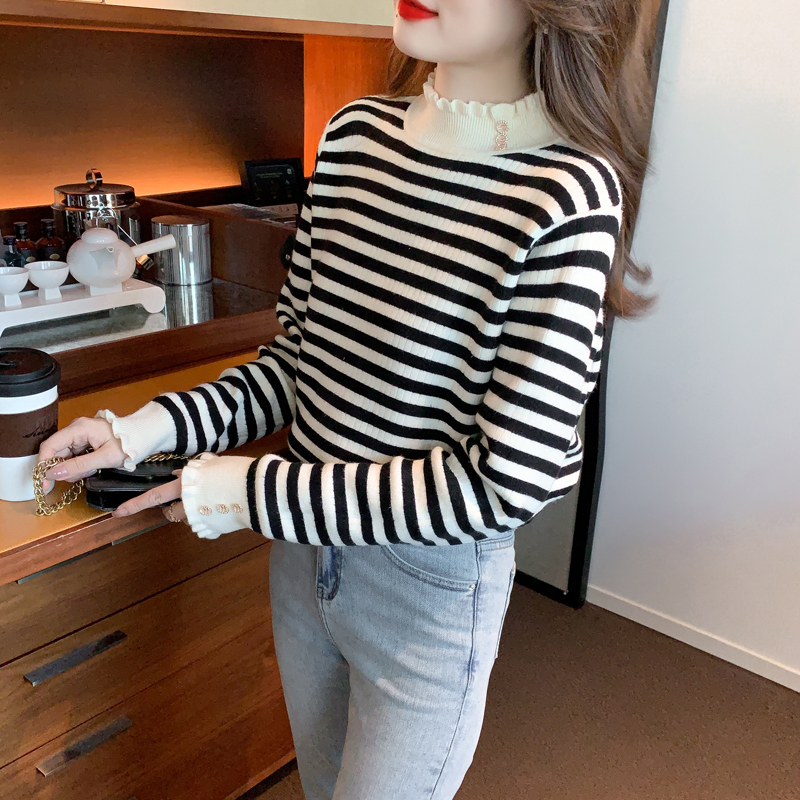 Stripe thick sweater autumn and winter high collar tops