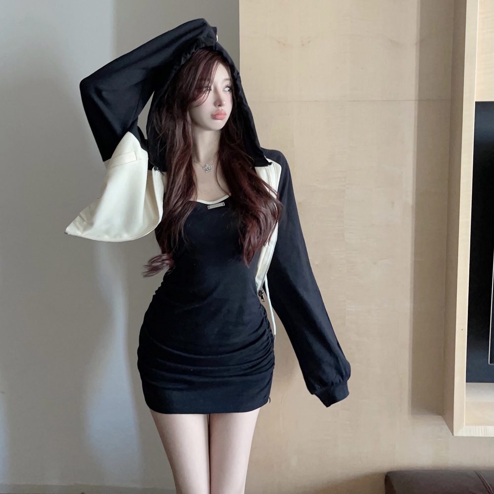 Bottoming sling mixed colors dress hooded slim hoodie a set