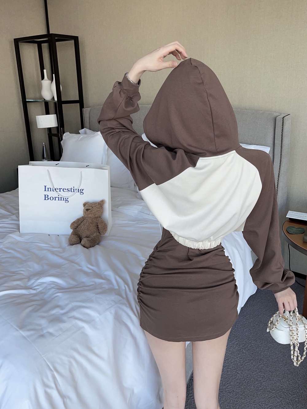 Bottoming sling mixed colors dress hooded slim hoodie a set