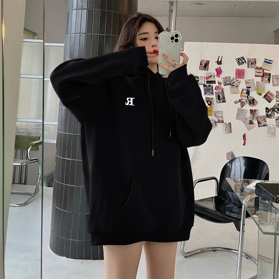Letters drawstring hooded thick embroidered loose hoodie