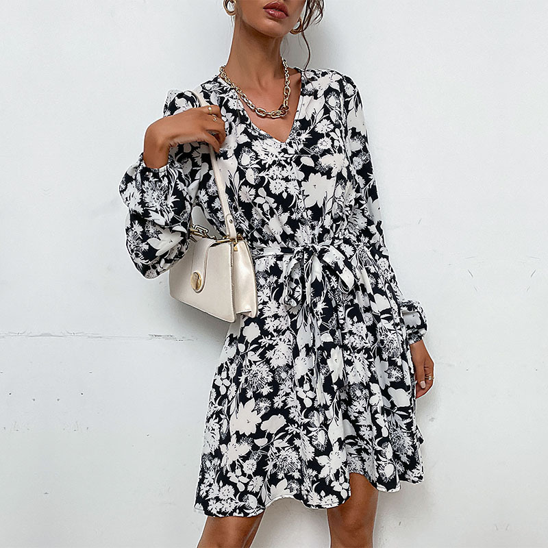 V-neck printing autumn and winter fashion dress for women