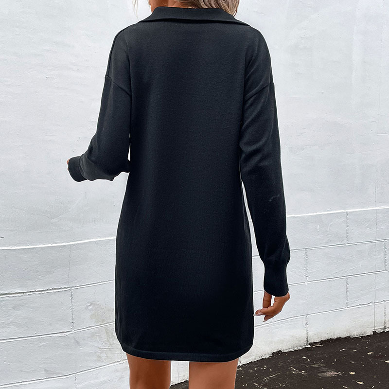 Lapel zip pure long sleeve fashion sweater dress for women