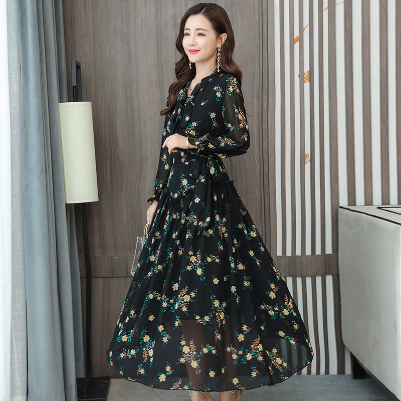 Long sleeve chiffon long dress autumn floral dress for women