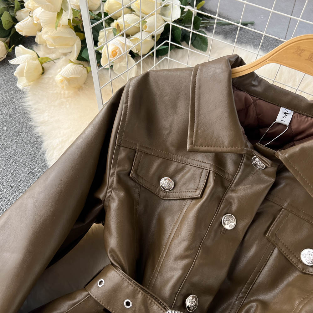 Locomotive elmo coat high waist leather coat for women