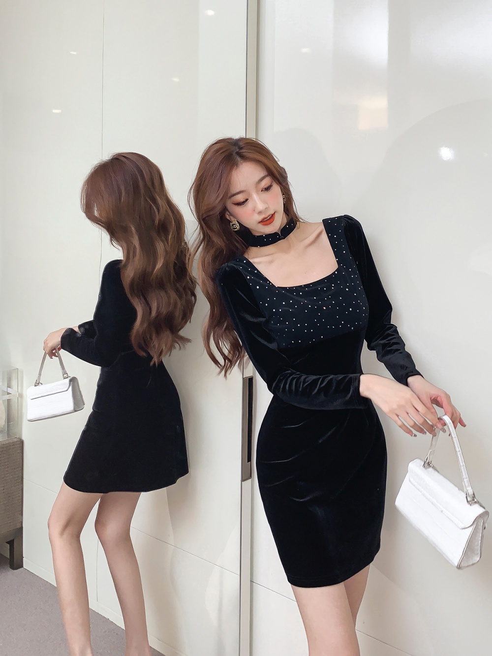 Square collar slim formal dress sequins dress