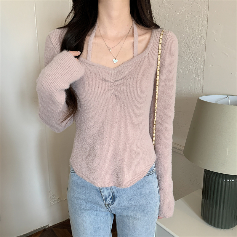 Autumn and winter knitted sweater irregular plush bottoming shirt